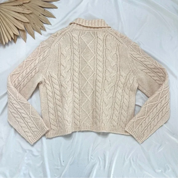 J. Crew Cable Knit Cream Button Front Turtleneck Fold Collar Cardigan Sweater - Picture 5 of 6